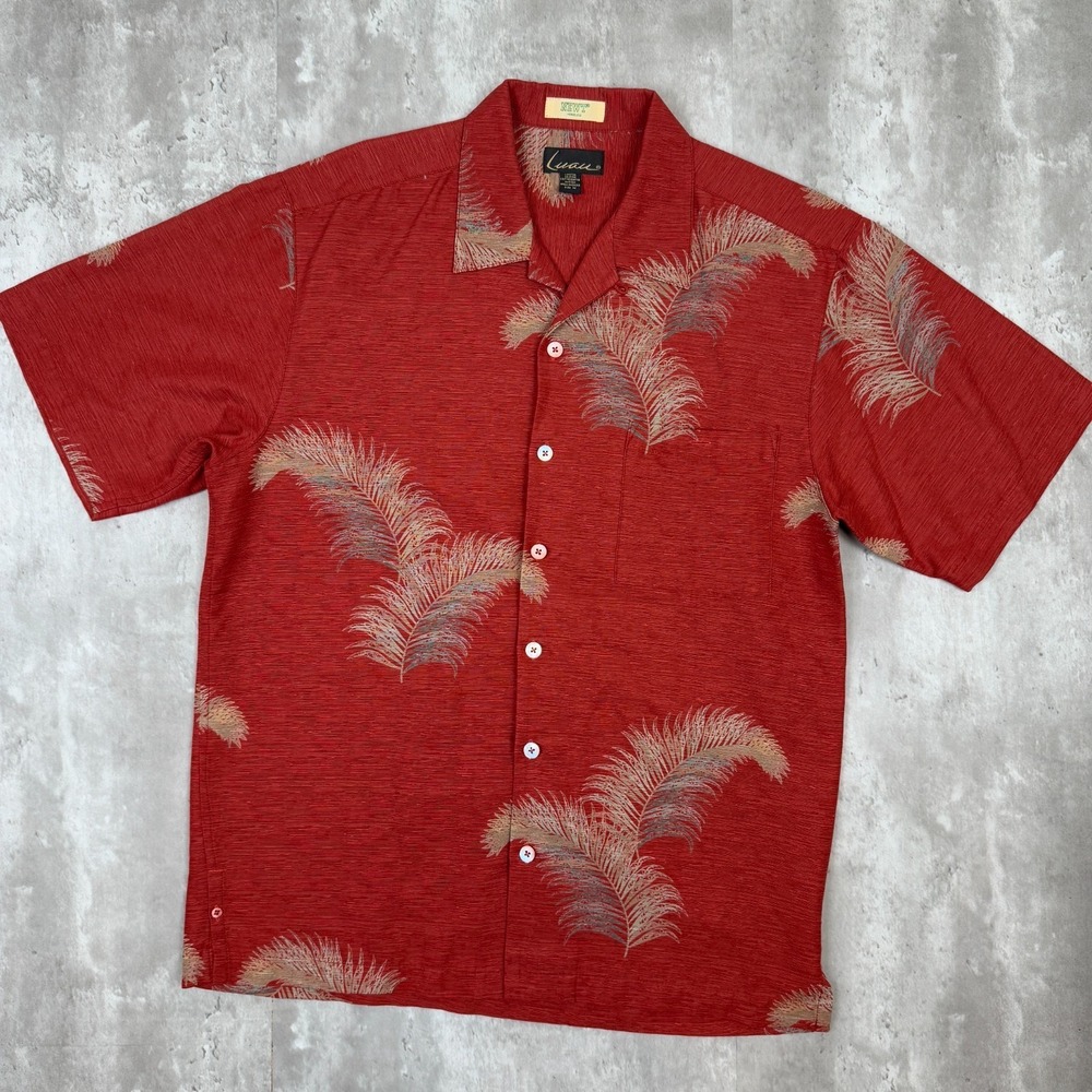 Vintage Luau Shirt Mens Medium Red Silk Blend Hawaiian Holiday Loop‎ Collar 80s